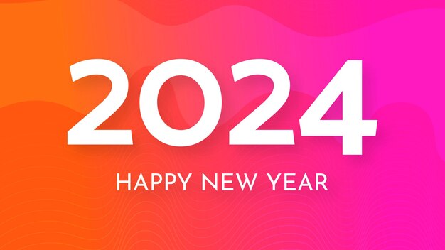 Hintergrund "Glückliches Neujahr 2024" Moderne Grußbanner-Vorlage mit weißen 2024 Neujahrszahlen auf orangefarbenem abstrakten Hintergrund mit Linien Vektorillustration
