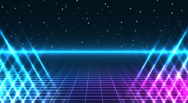 Vektor hintergrund im retro-cyberpunk-stil scifi-hintergrund neon-lichtgrid-landschaften der 80er- und 90er-jahre