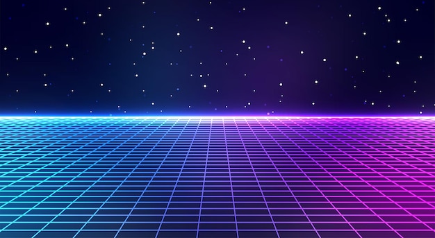 Hintergrund im Retro-Cyberpunk-Stil SciFi-Hintergrund Neonlichtgitterlandschaften der 80er und 90er Jahre
