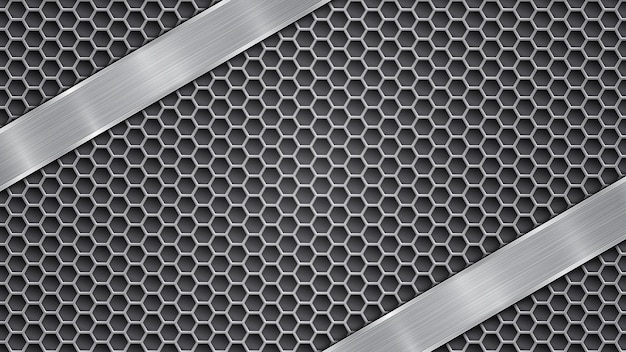 Hintergrund in grauen farben, bestehend aus einer metallisch perforierten oberfläche mit löchern und einer polierten platte mit metallstruktur, blendungen und glänzenden kanten