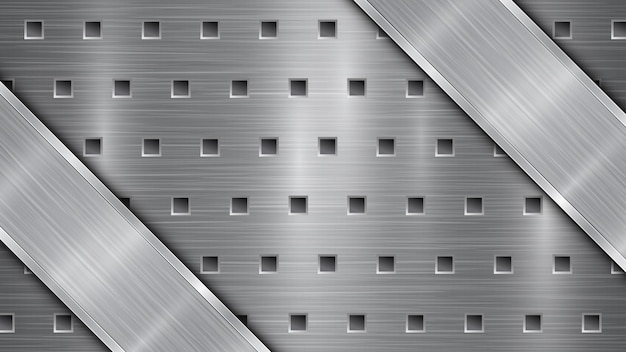 Hintergrund in grauen farben, bestehend aus einer metallisch perforierten oberfläche mit löchern und einer polierten platte mit metallstruktur, blendungen und glänzenden kanten