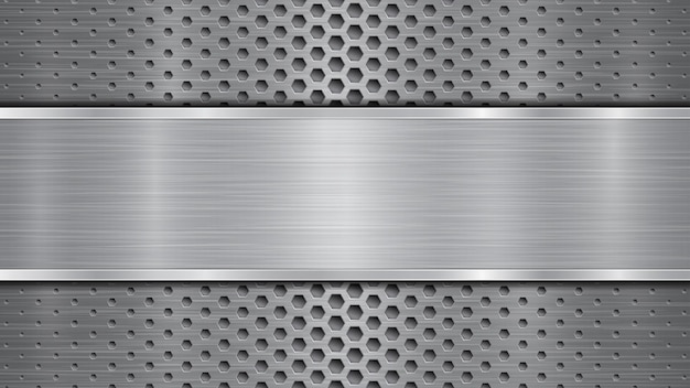 Hintergrund in grauen farben, bestehend aus einer metallisch perforierten oberfläche mit löchern und einer polierten platte mit metalltextur und glänzenden kanten