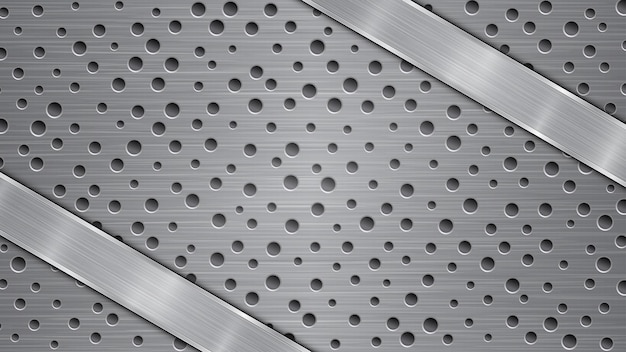 Hintergrund in grauen farben, bestehend aus einer metallischen perforierten oberfläche mit löchern und einer polierten platte mit metallstruktur, glanz und glänzenden kanten
