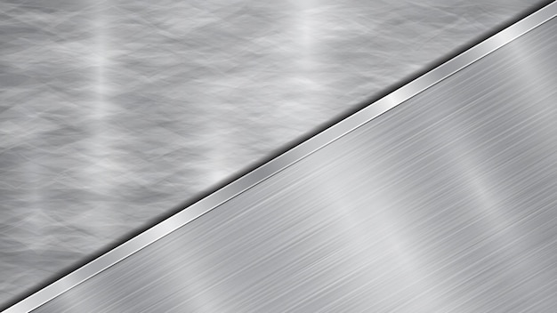 Hintergrund in silbernen und grauen farben, bestehend aus einer glänzenden metallischen oberfläche und einer großen, diagonal angeordneten, polierten platte mit einer metalltextur und einem polierten rand