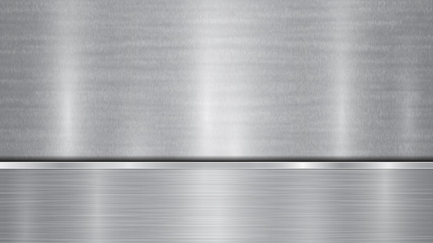 Hintergrund in silbernen und grauen Farben, bestehend aus einer glänzenden Metalloberfläche und einer horizontalen polierten Platte, die sich darunter befindet, mit Metallstruktur, Blendungen und brünierten Kanten