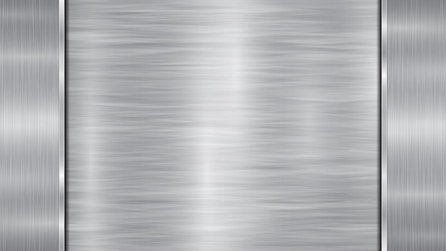 Hintergrund in silbernen und grauen Farben, bestehend aus einer glänzenden Metalloberfläche und zwei vertikalen, polierten Platten, die sich links und rechts mit einer Metalltextur und polierten Kanten befinden