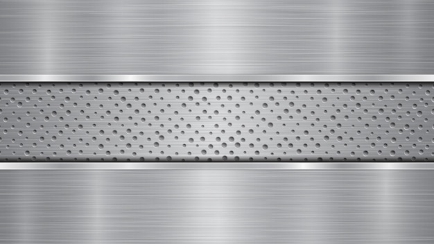 Vektor hintergrund in silbernen und grauen farben, bestehend aus einer perforierten metalloberfläche mit löchern und zwei horizontalen polierten platten, die sich oben und unten befinden, mit einer metalltextur und glänzenden kanten