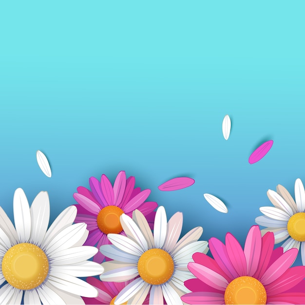 Hintergrund mit bunten gänseblümchenblumen und blütenblättern auf türkisfarbenem hintergrund