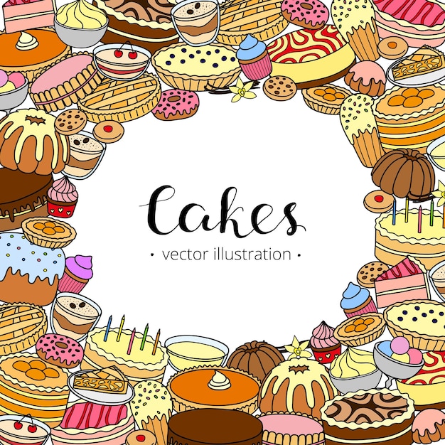 Hintergrund mit doodle-kuchen und desserts