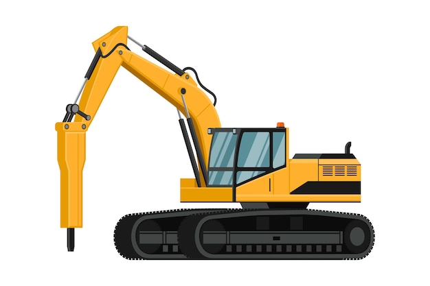 Hintergrund mit schweren Maschinen des gelben Hammerbaggers für Bau- und Bergbauarbeiten