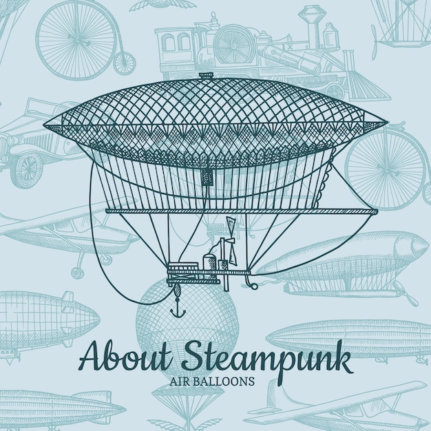 Hintergrund mit Steampunk Hand gezeichneten Luftschiffen, Luftballons, Fahrrädern und Autos mit Platz für Text. Luftballon- und Luftschifftransport, Flug und Reiseillustration