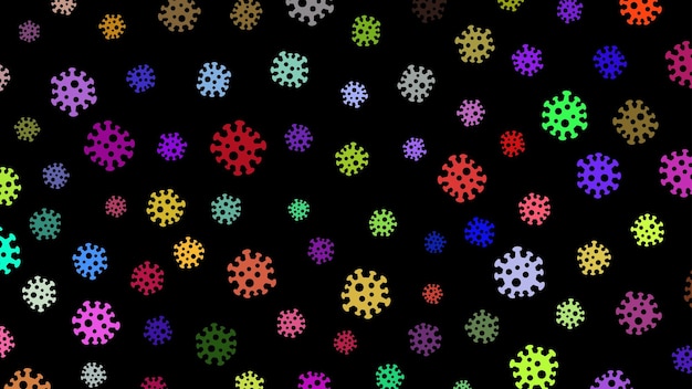 Hintergrund mit Virussymbolen, mehrfarbig auf Schwarz. Illustration zur Coronavirus-Pandemie.