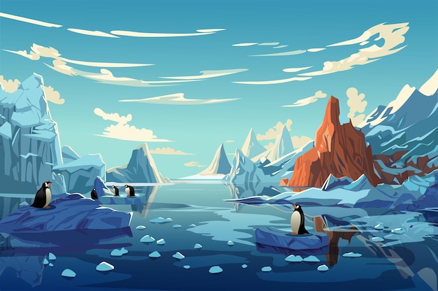 Vektor hintergrund: pinguine und gletscher im flachen cartoon-design. niedliche pinguine stehlen das rampenlicht