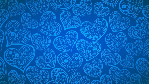 Hintergrund von großen Herzen mit Ornament aus Locken, Blumen und Blättern, in blauen Farben