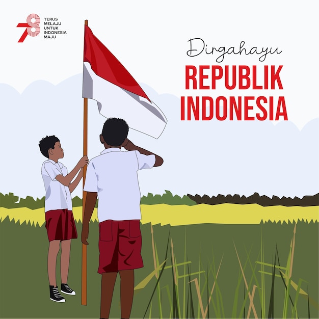 Hintergrund zum indonesischen Unabhängigkeitstag mit Jungen, die vor der Flagge grüßen