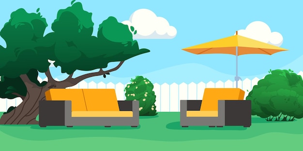 Hinterhofterrasse mit Sofa, gelber Regenschirm und grünen Bäumen vor blauem Himmel mit Wolken Moderne Gartenmöbel im Sitzbereich flache Vektorillustration