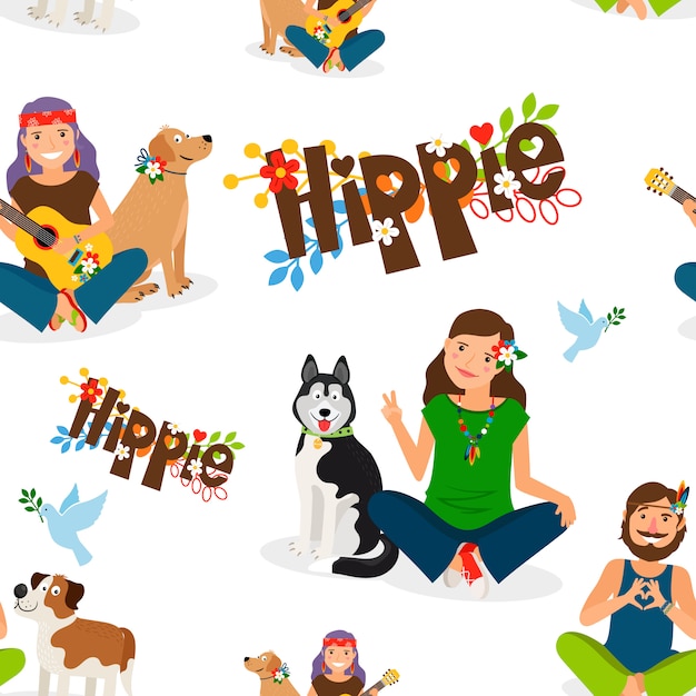 Hippie-leute und hund nahtloses muster