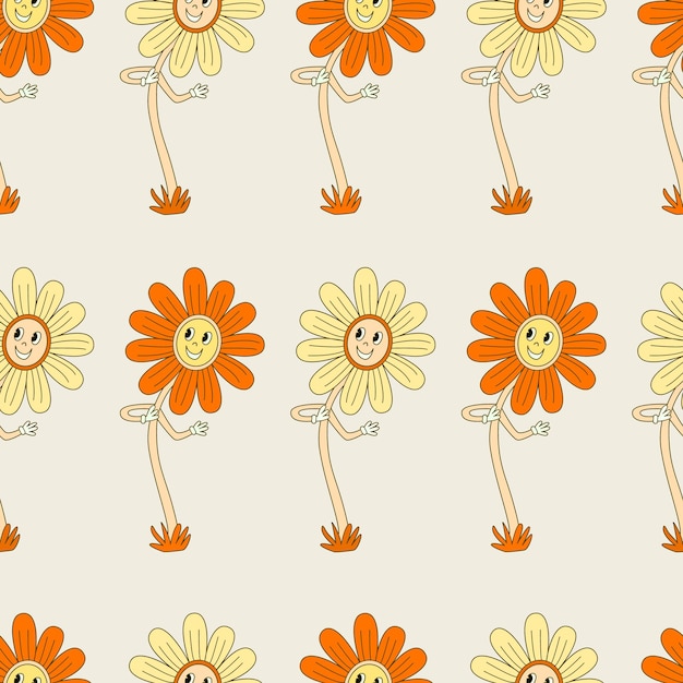 Hippie nahtloses muster mit lächelnden gelben und orangefarbenen gänseblümchen blumen retro 70er groovy cartoon-stil