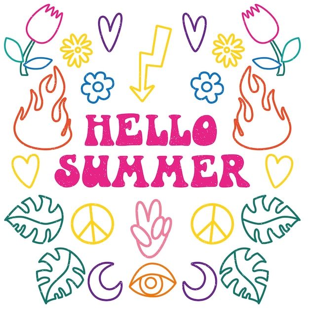 Hippie-Stil-Schriftzug mit Hippie-Elementen Hallo Sommer-Vektor-Illustration