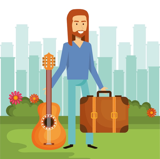 Hippiemann, der eine gitarre und einen koffer mit stadtskylinehintergrund hält. vektor-illustration.