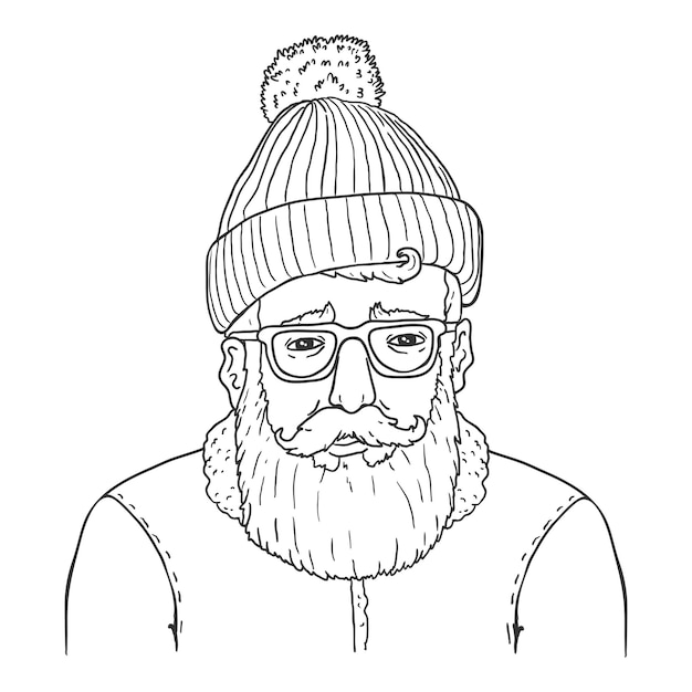 Hipster-charakter in wollmütze, brille und winterjacke. vektor-umriss-illustration