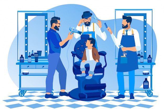 Vektor hipster-friseure machen frisur zum kleinen baby