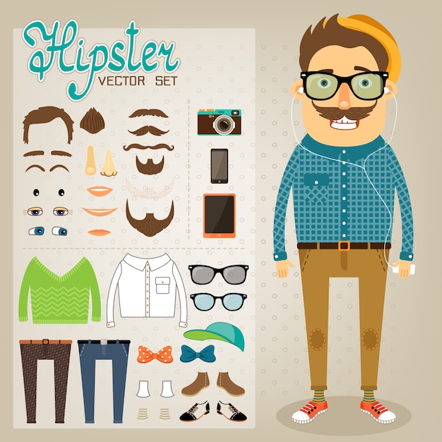 Vektor hipster junge mit fantastischen accessoires