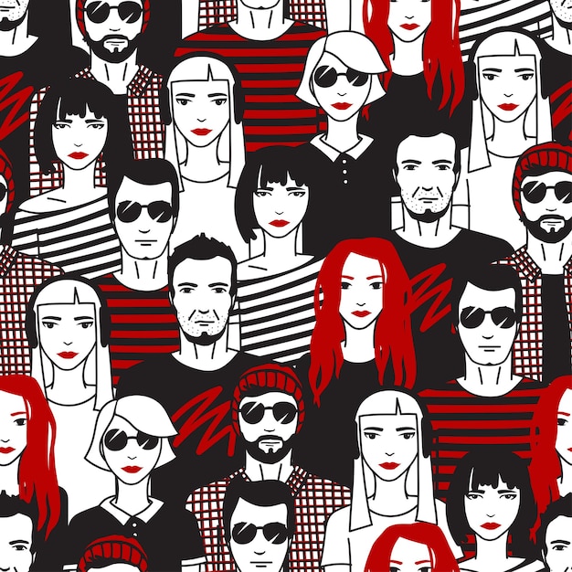 Hipster-leute, junge männer und frauen nahtlose muster, doodle-zeichnung