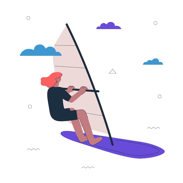 Hipster-mädchen-windsurfer. junge frau beim windsurfen. gesunder aktiver lebensstil und kreatives konzept des extremen windsurfsports. weibliche person windsurfen. surfer-vektor-eps-kunst-illustration