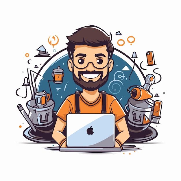 Hipster-Mann arbeitet an einem Laptop Vektor-Illustration im Cartoon-Stil