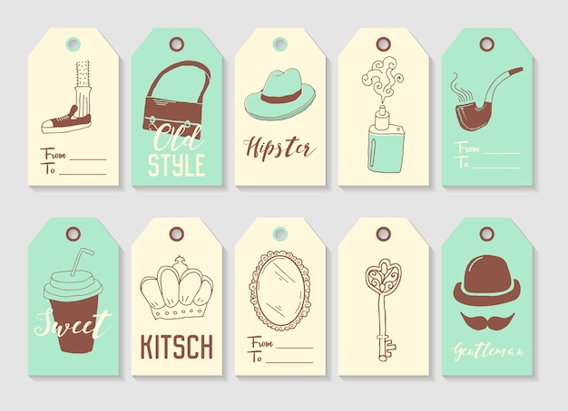 Vektor hipster mode hand gezeichnete tags sammlung. vintage style freehand elements schnurrbart hut tasche.