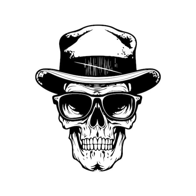 Hipster-totenkopf-vintage-logo-line-art-konzept, schwarz-weiße, handgezeichnete illustration