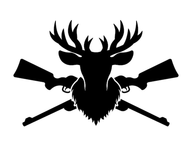 Hirschkopf Silhouette und zwei gekreuzte Gewehre Vektor schwarzes Objekt oder Designelement isoliert auf weißem Hintergrund