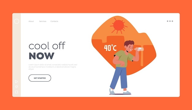 Vektor hitzschlag-landingpage-vorlage dehydrierter und schwindliger kleiner junge, der durch einen hitzschlag zusammengebrochen ist