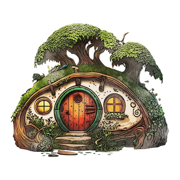 Vektor hobbit-haus-aquarell-vektorillustration