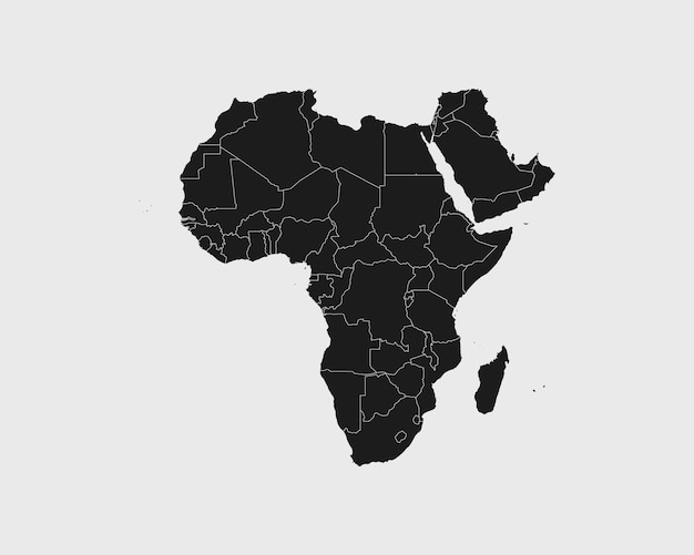 Hochdetaillierte schwarze karte von afrika auf weißem, isoliertem hintergrund vektorillustration