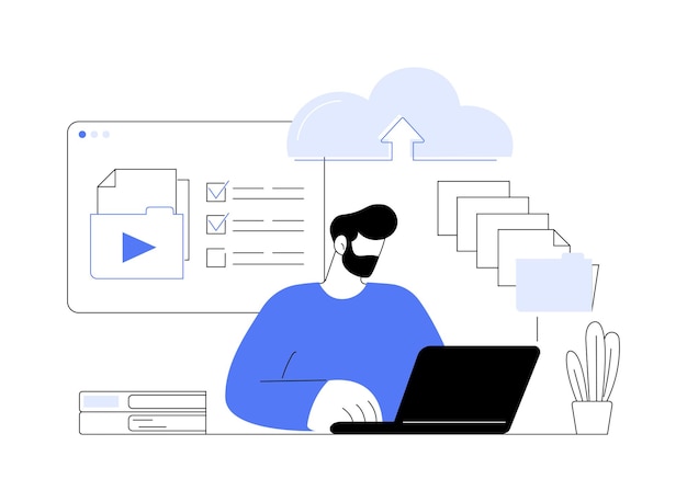 Hochladen von Dateien, abstraktes Konzept, Vektorillustration. Konzentrierter Mann mit Laptop, der Dokumente online hochlädt, moderne IT-Technologie, professionelle Computersoftware, Dateifreigabe, abstrakte Metapher