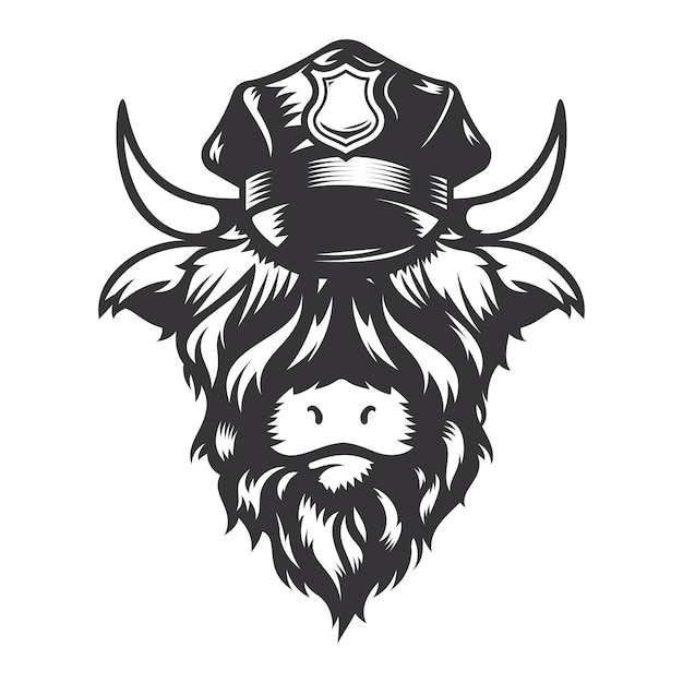 Hochlandkuh-Polizeikopfdesign mit Polizeikappe Farm Animal Cows Logos oder Symbole Vektorillustration