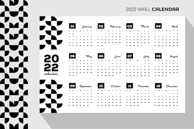 Hochminimaler schwarzweiß-wandkalender 2022 im querformat mit viertelkreismuster-design