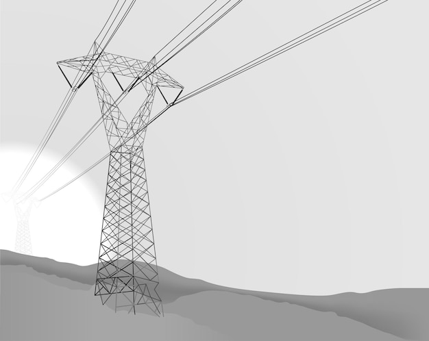 Hochspannungsmast mit stromleitungen mit landschaft im hintergrund