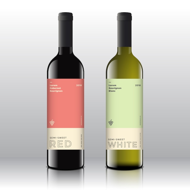 Vektor hochwertige rot- und weißweinetiketten auf den realistischen flaschen. sauberer und moderner minimalist mit stilvoller minimal-typografie.