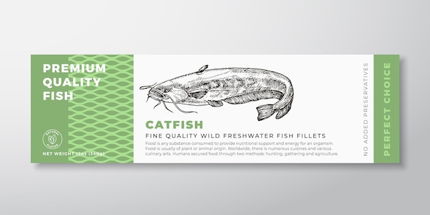 Hochwertiges wels-vektor-verpackungsetikettendesign moderne typografie und handgezeichnete süßwasserfisch-silhouette meeresfrüchte-produkt-hintergrund-layout