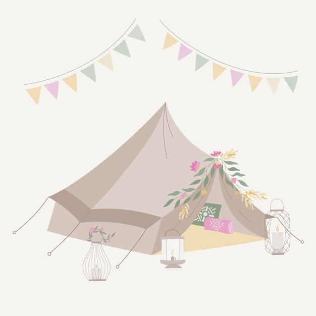 Hochzeit Boho Zelt Vektor Illustration Bogemian Tipi mit Blumen bei Sommerveranstaltungen