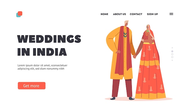 Hochzeit in indien landing page template jungvermählte indischer mann und frau tragen goldene und rote festliche kleider