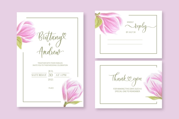 Hochzeit vektor blumen laden einladung danke antwort aquarell design set magnolie rosa blumen elegant