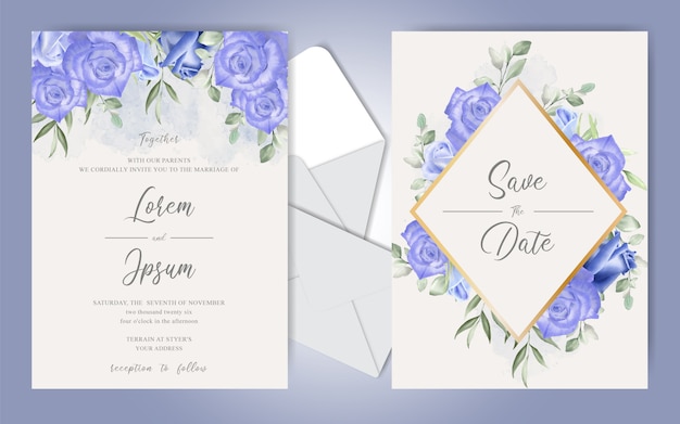 Hochzeits-einladungs-karten-schablone mit schönen blättern und blauen rosen
