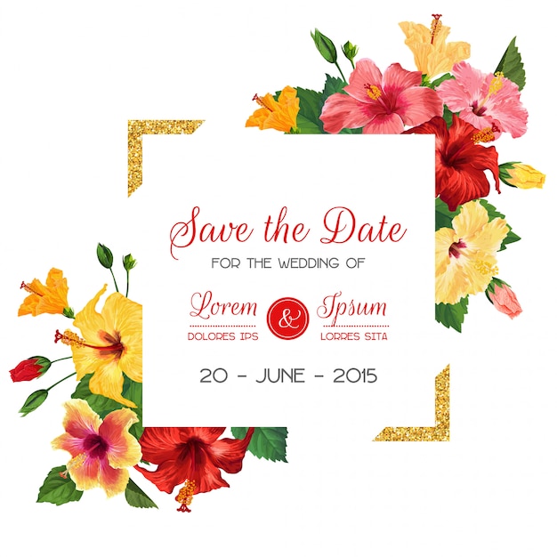 Hochzeits-Einladungs-Schablone mit roten Hibiscus-Blumen und goldenem Rahmen