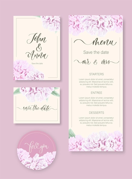 Hochzeitsaquarellblumeneinladung danken ihnen antwortmenü rsvp mit sanfter aquarellblumenpfingstrose