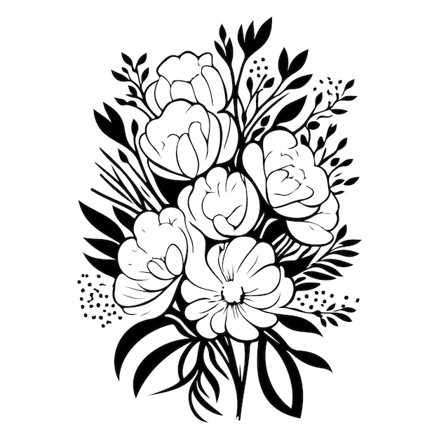 Hochzeitsbouquet blumen illustration skizze hand zeichnung schwarz