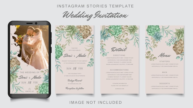 Vektor hochzeitseinladung der instagram-geschichtenschablone mit buntem saftigem rahmen